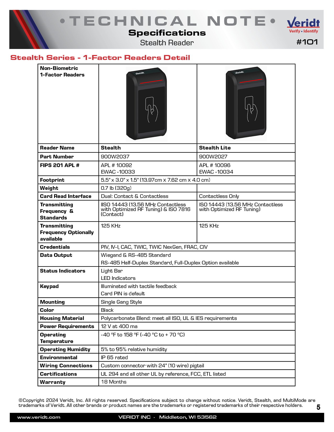 #101 Stealth Reader Specifications